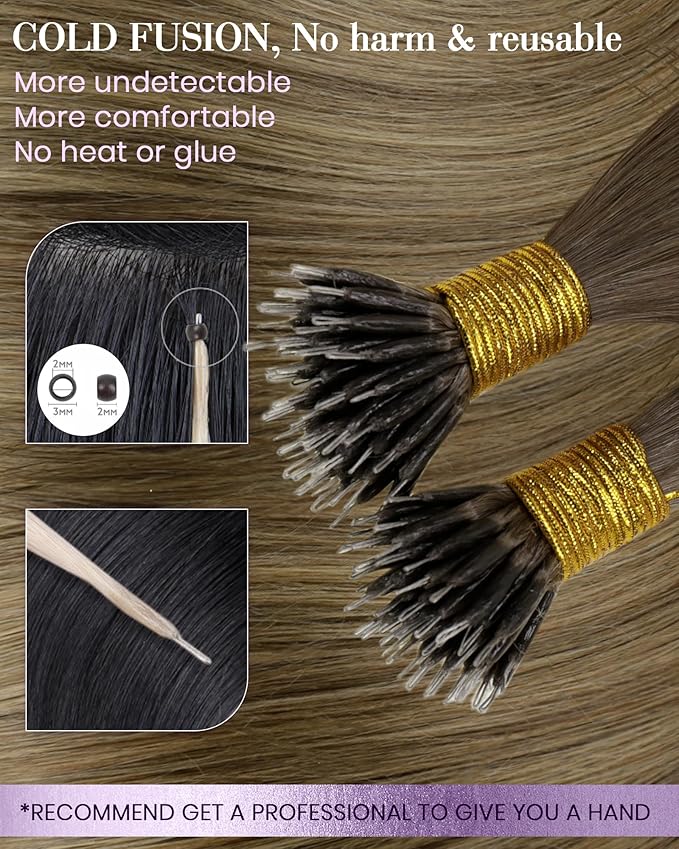 LaaVoo Nano Hair Extensions Human Hair Ombre Brown to Light Brown Mix Golden Brown Nano Ring Human Hair Extensions 50g 50s 24in