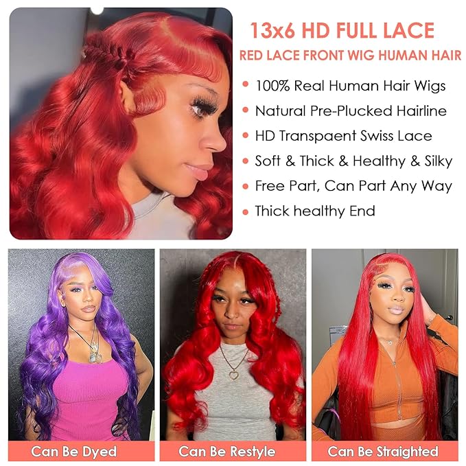 Red 13X6 Lace Front Wigs Human Hair 200 Density HD Transparent Body Wave Lace Front Wigs Human Hair Body Wave Wig Red HD Lace Frontal Colored Wig 13x6 for Black Women 26 Inch