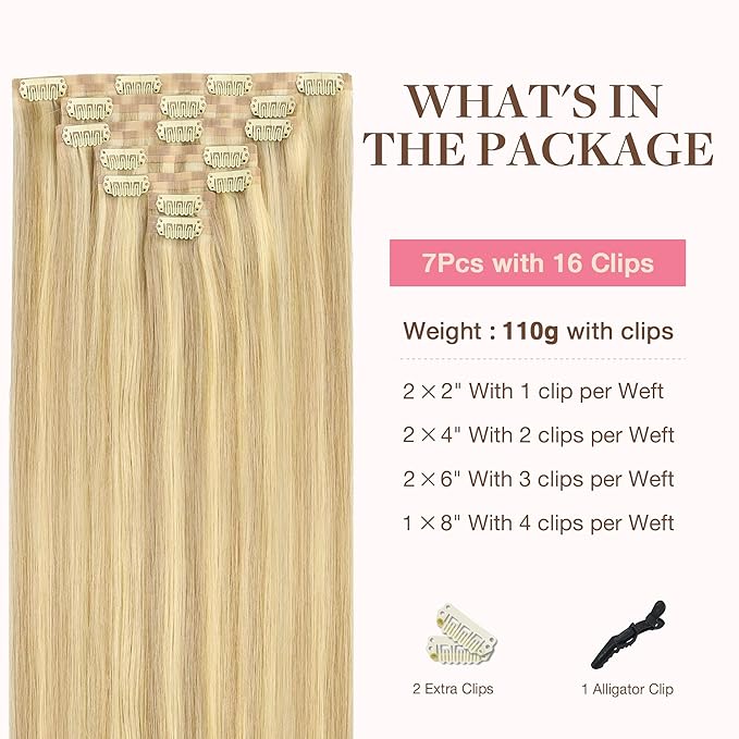 GOO GOO Clip in Hair Extensions Real Human Hair, Remy Human Hair Extensions Clip ins for Women, Natural Human Hair, 24inch 120g 7Pcs, 18D/22F Dirty Blonde Highlights