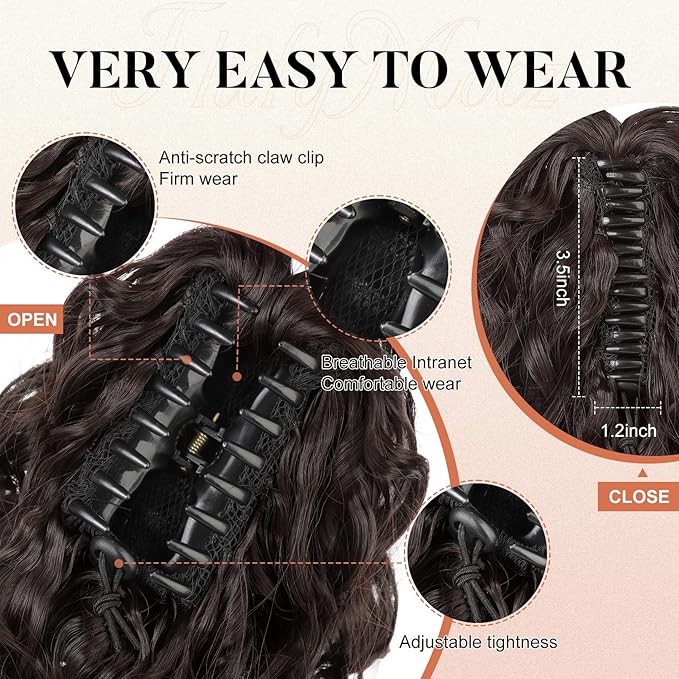 Flufymooz Ponytail Extension, 12" Short Claw Ponytail Extension Wavy Curly Jaw Clip in Pony tails Hair Extension Natural Synthetic Hairpiece for Women (Dark Chocolate Brown)