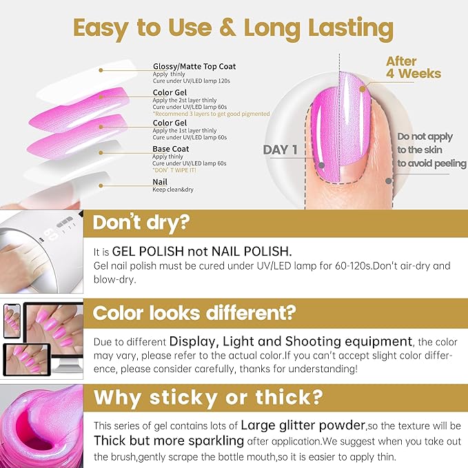 YTD Likomey Gel Nail Polish,15ml Pearlescent Pink Glitter Fall Winter Shimmer Shiny Sparkly Salon Home DIY Manicure UV Color Varnish,SF407