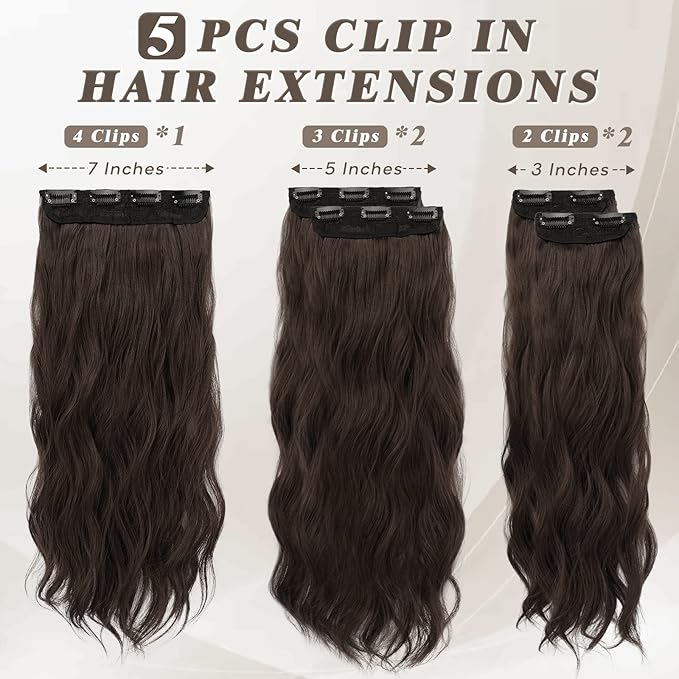 BARSDAR Wavy Clip in Hair Extensions - 5PCs 18 Inch Brown Hair Extensions Clip in for Women - Thick Soft Synthetic Clips in Hairpieces Daily Party Halloween - Dark Chocolate Brown