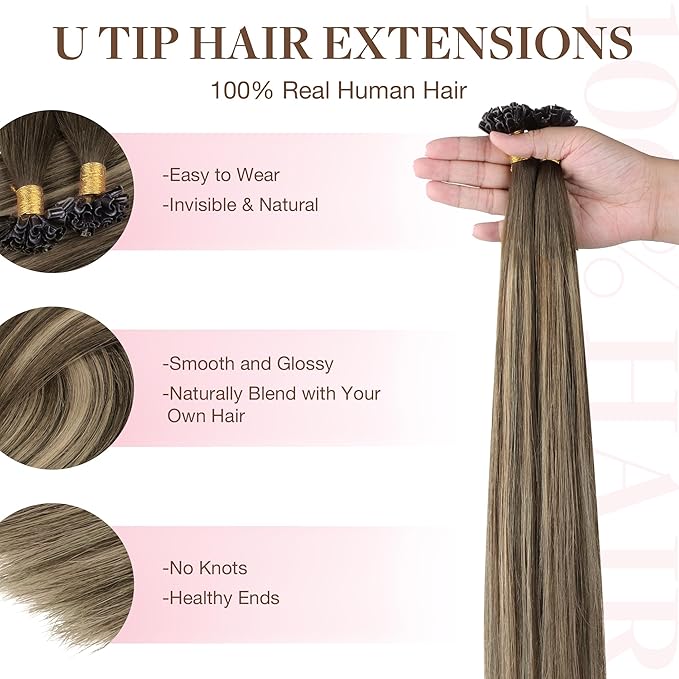 GOO GOO U Tip Real Human Hair Extensions, 14inch 50g 50S, Hot Fusion, Remy Hair, 4/26/4 Balayage Chocolate Brown to Honey Blonde