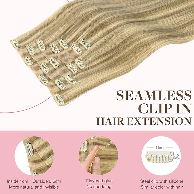 GOO GOO Clip in Hair Extensions Real Human Hair, Remy Human Hair Extensions Clip ins for Women, Natural Human Hair, 24inch 120g 7Pcs, 16/22 Light Blonde Highlighted Golden Blonde