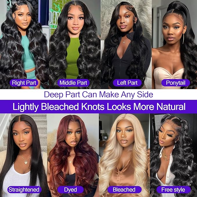 32 Inch 13x6 Lace Front Wigs Human Hair Pre Plucked 200% Density Body Wave HD Transparent Lace Frontal Wigs For Women 100% Real Human Hair Natural Color