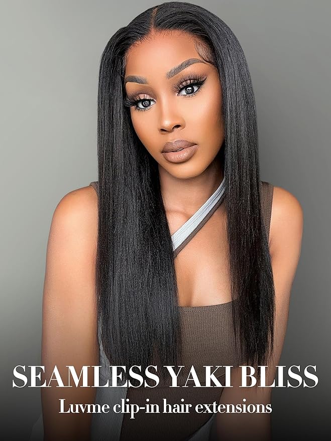 LUVME Yaki Straight Clip in Hair Extensions Real Human Hair For Women 100% Unprocessed Brazilian Virgin Hair clip ins Natural Black Hair Extensions 135g 9pcs 16 Inch