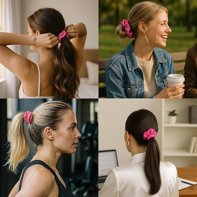 100% Mulberry Silk Scrunchies for Women and Girls,Pure Silk Hair Tie,No-Crease Ponytail Holder,Soft & Gentle on Hair,Elastic Band for All Hair Types,1 Pack,Hot Pink