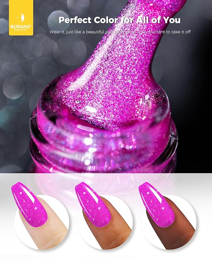 BURANO Glitter Gel Nail Polish with LED UV Cure, Shimmer Holographic Effect - Sparkle Gel for Home DIY Salon (Rose Purple LP56)