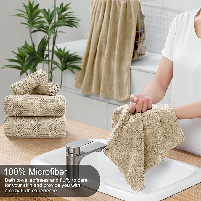 Ycosy 4 Pack Extra Large Microfiber Bath Towels Set,35x70 inches,600GSM,Less Lint Highly Absorbent Super Soft & Quick Dry,Oversized Bath Towels,Perfect for Bathroom Gym Pool,Camel