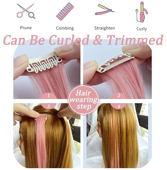 Rhyme 9 PCS Smoke Pink Hairpieces Colored Hair Extensions Clip in/on for America Girls and Women Wig Pieces Princess Party Highlight (Light Pink)