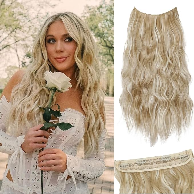 Blonde Highlights Invisible Wire Hair Extensions Long Wavy Synthetic Hairpiece with 4 Secure Clips for Women 20 Inch Clip in Hair Extensions