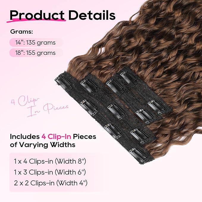 REECHO Curly Hair Extensions - 4PCS 18" GoGo Curly Clip in Hair Extensions 100% Super Protein Hairpieces with Invisible Lace Weft Silky Soft Natural Look for Women - Golden Brown