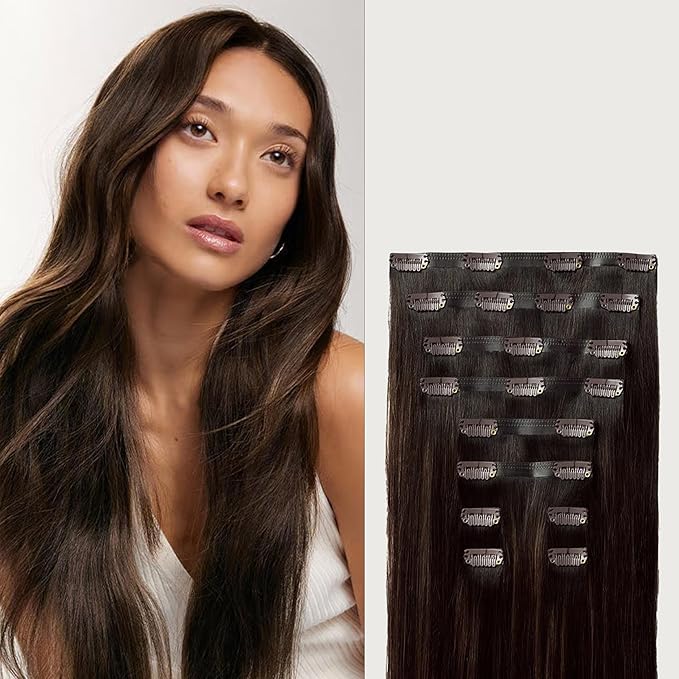 Luxy 100% Remy Human Hair - Seamless Clip-In Hair Extensions - Multi-Dimensional Color for Natural Blending, Adds Volume & Length 240 grams 24" Dimensional Rooted Espresso Brown