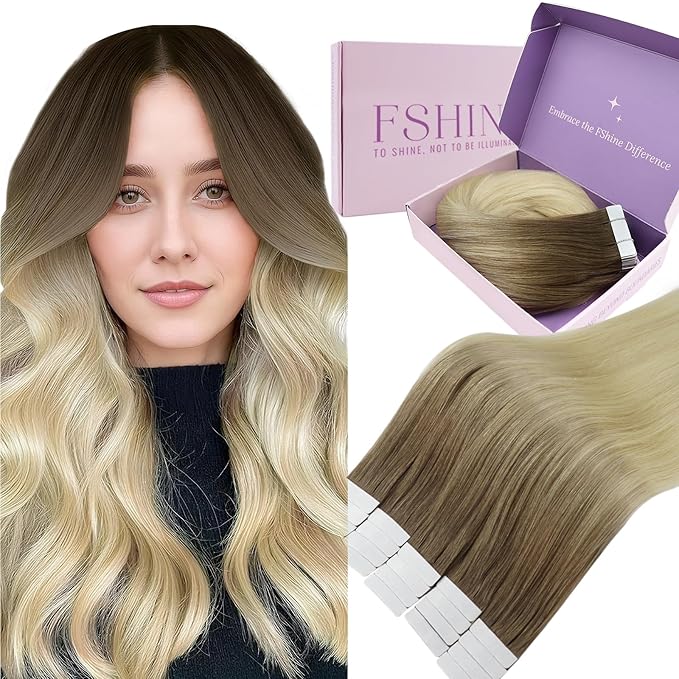 Fshine Tape in Extensions Dark Brown To Ash Brown With Bleach Blonde Balayage Real Human Hair Long Straight Hair For Woman 16inch 50 g 20 pcs 16 Inch,Designed to Boost Volume & Length
