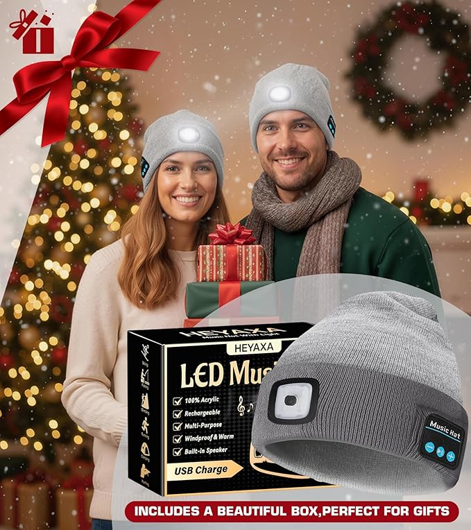 Bluetooth Beanie Hat, USB Rechargeable 4 LED Wireless Music Running Headlamp Cap, Gifts for Christmas, Stocking Stuffer & White Elephant Gifts for Men, Women, Him, Her, Teen Boys, Dad