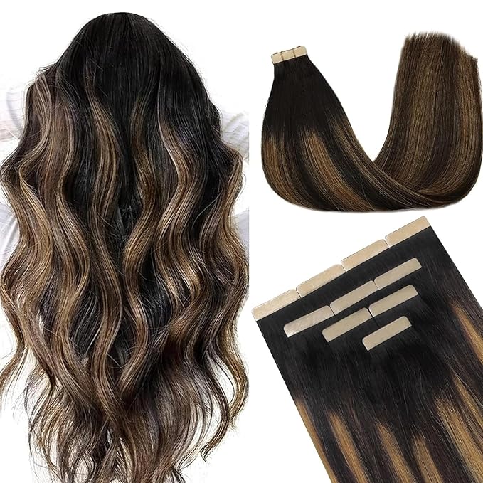 DOORES Hair Extensions Real Huaman Hair, Natural Black to Chestnut Brown 10 Inch 20g 10pcs, Tape in Hair Extensions Straight Remy Hair Extensions for Women Natural Hair