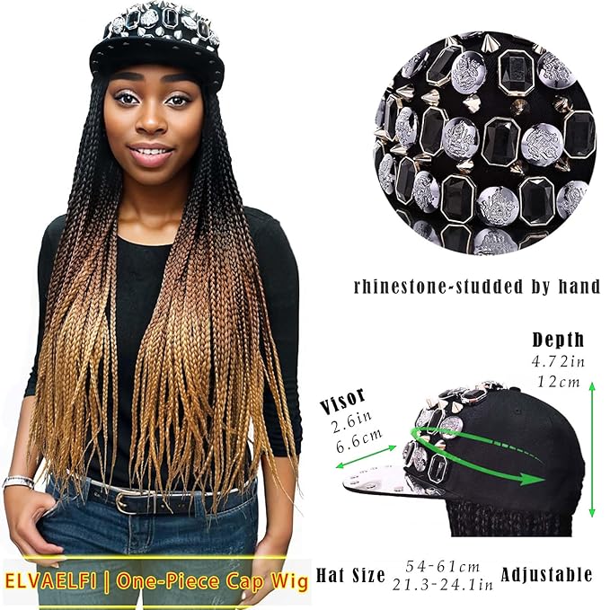 24inch Box Braid Hair Extensions Ombre Brown, Punk Studs Flat Baseball Cap Wigs for Women Girls Easy Wear