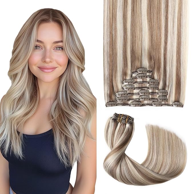 Pro2.0 Clip in Hair Extensions Real Human Hair 22inch 7pcs #8p60 Brown Highlights Platinum Blonde Real Hair Extensions Clip in Human Hair 120g Double Weft（#8p60-22inch）