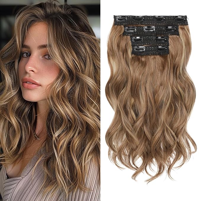 REECHO Clip in Hair Extensions - 4PCS 14" Beach Wavy Hairpieces with Invisible Lace Weft - Natural Soft, Light Brown with Highlights