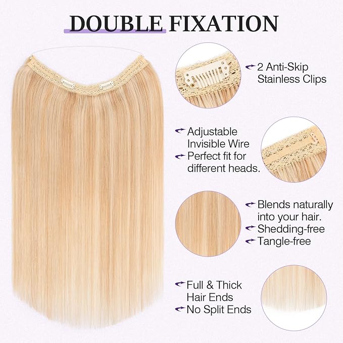 Halo Hair Extensions Real Human Hair,Halo Hair Extension 100% Human Hair,Wire Hair Extensions,Thicker 18P613 Gold Blonde Mixed Bleach Blonde 14inch/70g