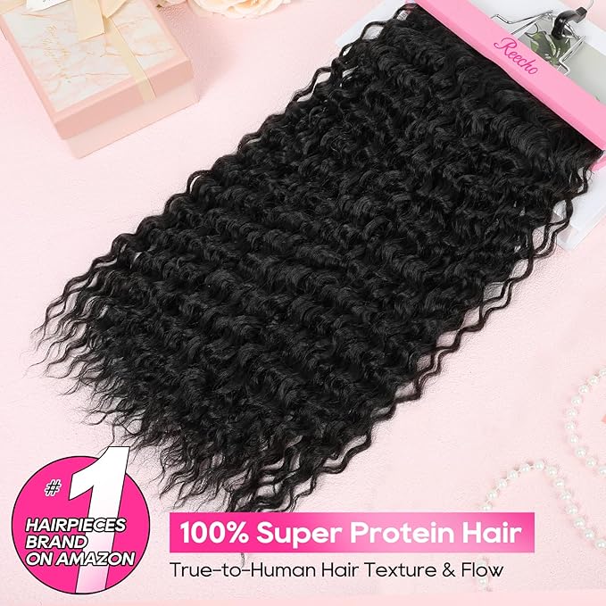 REECHO Hair Extensions - 4PCS 20" Water Wave Clip in Hair Extensions 100% Super Protein Silky Soft Natural Look with Invisible Lace Weft Hairpieces for Women - Natural Black