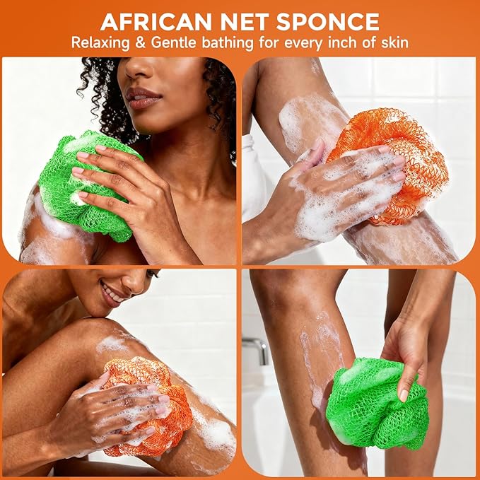 2 Pieces African Net Sponge Authentic, Durable Back Scrubber Washcloth for Shower, Exfoliating Net Sponge for All Skin, Bathing Accessories for Women (Orange and Green)