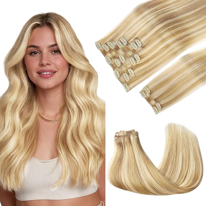 GOO GOO Clip in Hair Extensions Real Human Hair, Remy Human Hair Extensions Clip ins for Women, Natural Human Hair, 20inch 150g 9Pcs, 18D/22F Dirty Blonde Highlights