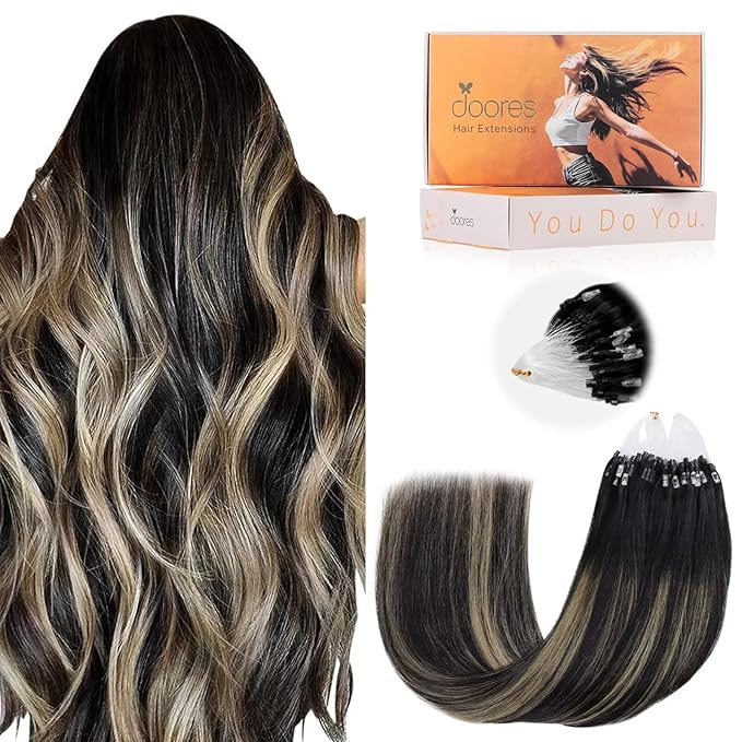 DOORES Micro Hair Extensions, Balayage Natural Black to Light Blonde 24 Inch 50g/50s, MicroBead Hair Extensions Real Human Hair Extensions Straight Hair