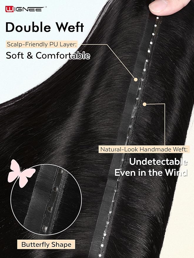 WIGNEE 100% Remy Double Weft Invisible PU OVO Human Hair Extensions 14 Inch Micro Beads Real Human Hair Extensions Natural Black Genius Hair Extensions Real Human Hair (1B)