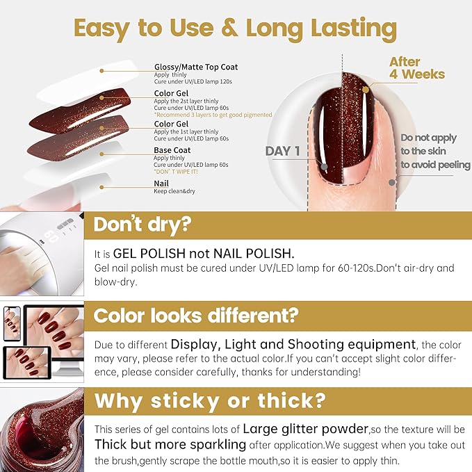 YTD Likomey Glitter Gel Nail Polish,15ml Burgundy Glitter Fall Winter Dark Red Shimmer Shiny Sparkly Salon Home DIY Manicure UV Color Varnish,SF400