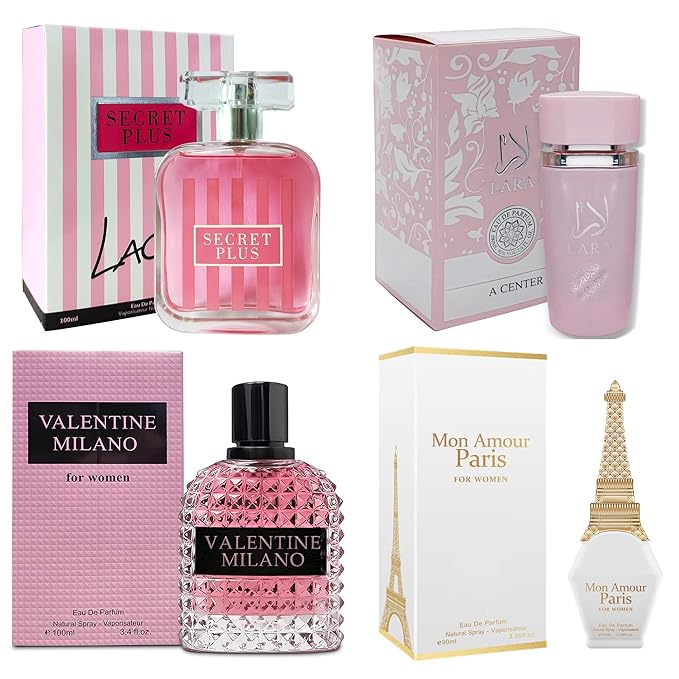 4PCS Perfume Set for Women - Floral Fragrance Gift Set with Vanilla,Sweet Fruity, Eau De Parfume| 3.4 Fl Oz Each Women's Cologne(Valentine Milano,Mon Amour Paris,Scret Plus,Lara Pink)