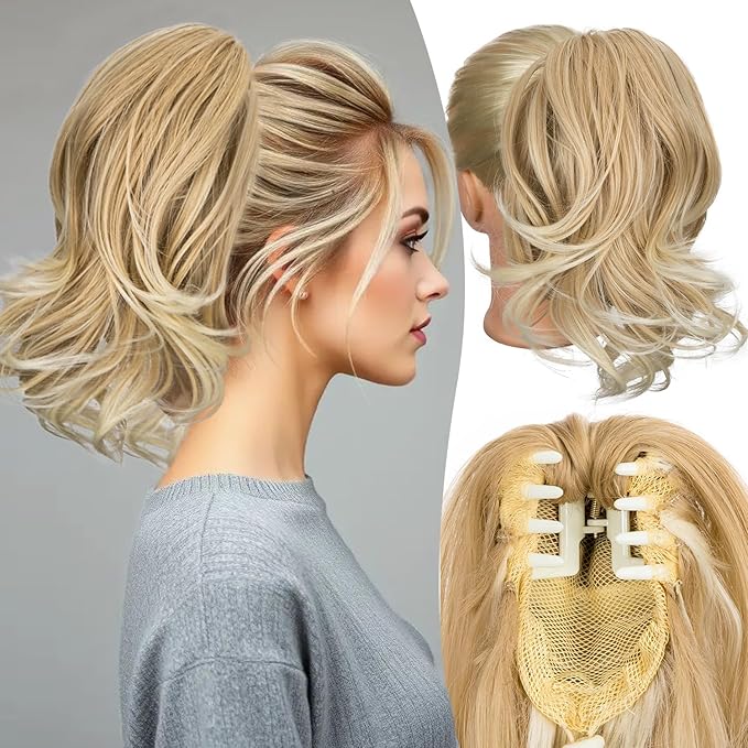 12 Inch Ponytail Extension, Claw Clip inWavy Pony Tails Hair Extensions, Synthetic Hair Extensions Ponytail, Clip on Ponytails for Women - Golden Blonde with Light Ends22