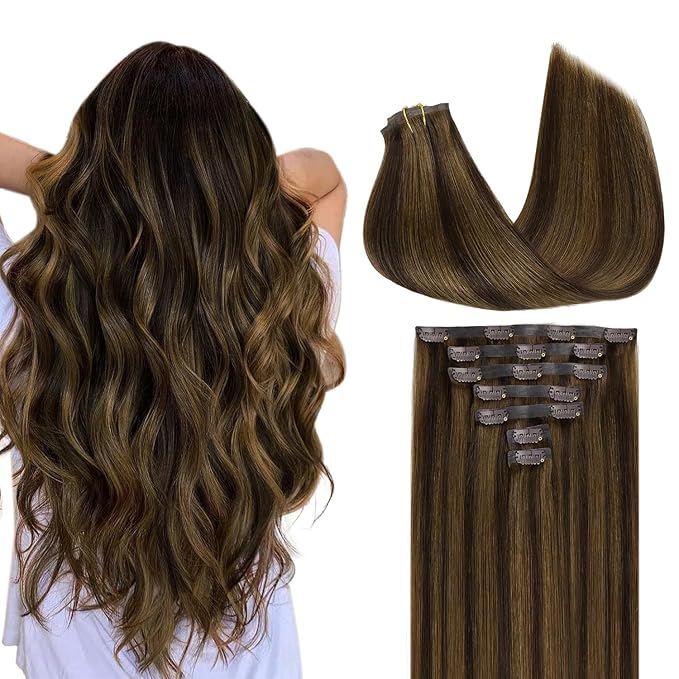 GOO GOO Clip in Hair Extensions Real Human Hair, Remy Human Hair Extensions Clip ins for Women, Natural Human Hair, 24 Inch 140g 7Pcs, 2C/4E/6C Brown Sugar Swirl Highlights