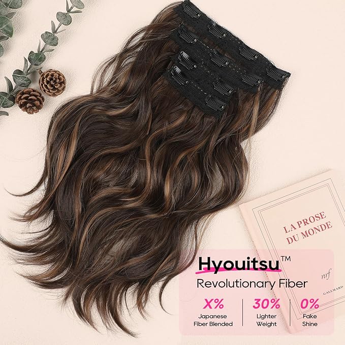 REECHO Clip in Hair Extensions - 4PCS 14" Short Beach Wavy Hairpieces with Invisible Lace Weft - Deep Brown with Highlights