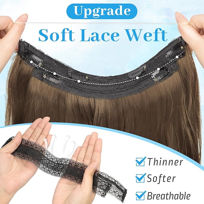 KooKaStyle Invisible Wire Hair Extensions Long Straight Layered Synthetic with Transparent Wire Adjustable Size 6 Secure Clips Hairpieces for Women 20 Inch (20 Inch, COCOA#)