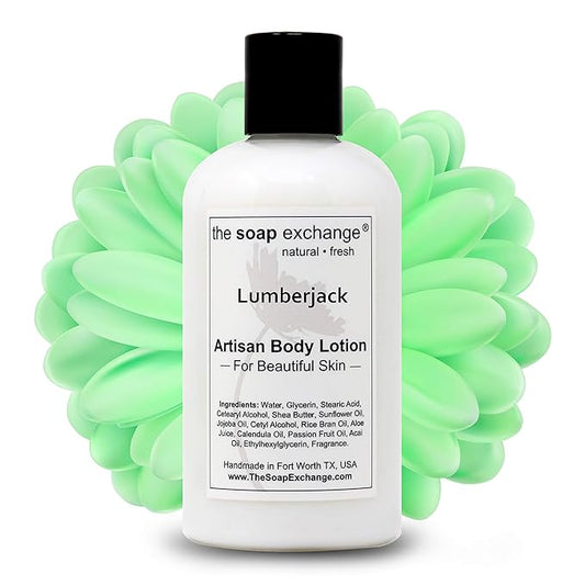 The Soap Exchange Body Lotion - Lumberjack Scent - Hand Crafted 8 fl oz / 240 ml Natural Artisan Skin Care for Hand, Face, & Body, Moisturize, Hydrate, & Protect. Made in the USA.