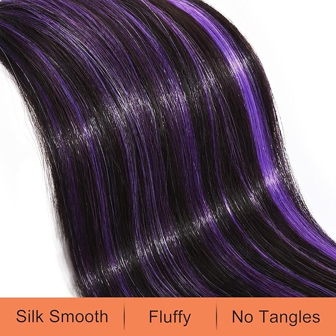 SEIKEA Ponytail Extensions Drawstring Long Straight Fake Pony Tail Natural Soft Clip in Hair Extension Synthetic Heat Resistant Hairpiece 28 Inch Black Brown with Purple Highlights