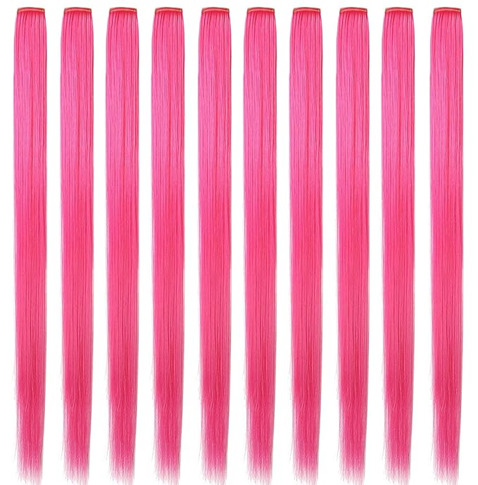 10PCS 20 inch Colorful Party Highlights Hair Extensions Clip in Pink Hair Extensions Straight Synthetic Hairpieces for Women Kids Girls Hair Accessories (Pink)