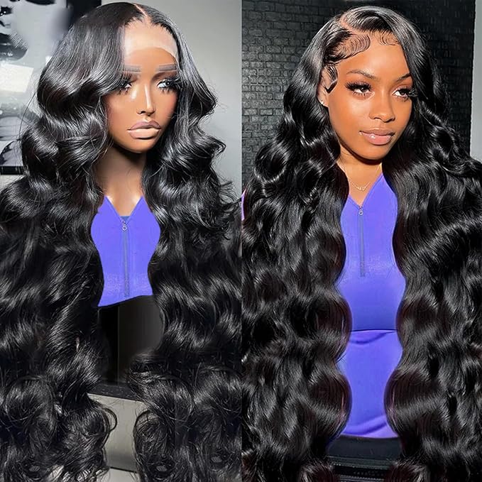34 Inch Body Wave Lace Front Wigs Skinlike HD Swiss Lace 0.10mm Ultra-Thin Invisible 13x4 Full Frontal Lace Wig 200% Density Bleached Knots Pre plucked Natural Hairline Glueless Wigs for Women