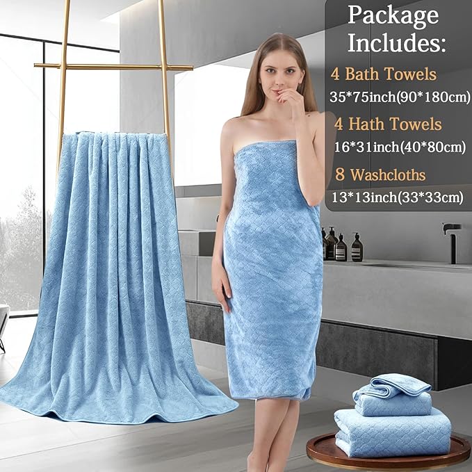 8-Piece Blue Bath Towels Set,2 Oversized Large Bath Towels Sheet,2 Hand Towels and 4 Washcloths - 600 GSM Soft Luxury Towel Set,Highly Absorbent Quick Dry Towel Collection for Bathroom,Hotel and Spa