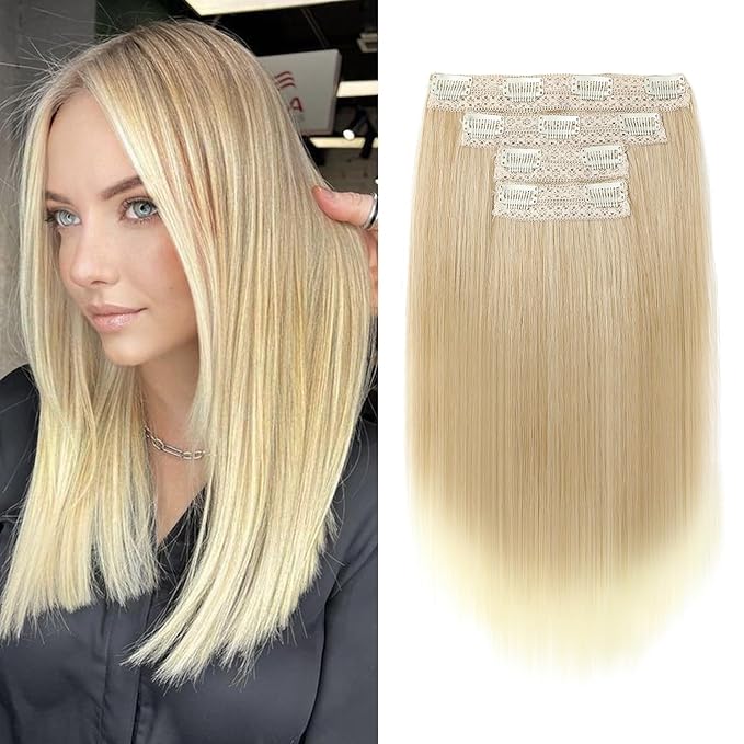 Hair Extensions, 14" Short Clip in Hair Extensions 4PCS Straight Natural Soft Synthetic Hairpiece for Women - Dark Blonde with Light Ends