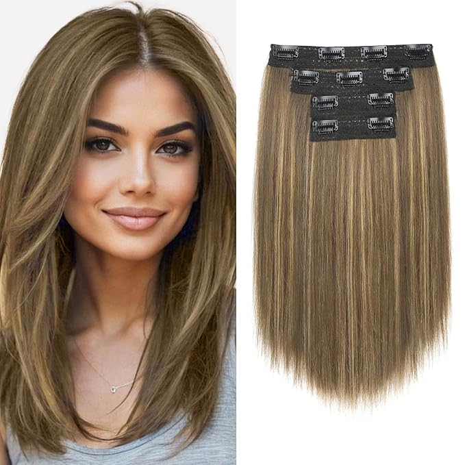 Hair Extensions, 14" Short Clip in Hair Extensions 4PCS Straight Natural Soft Synthetic Hairpiece for Women - Chocolate Brown with Highlights