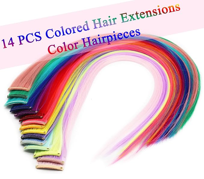 Rhyme 14 PCS 21 inch Colored Hair Extensions Clip in/on for America Women Girls hiar Accessories Wig Pieces Synthetic Rainbow Hair Extensions (Multicolour)