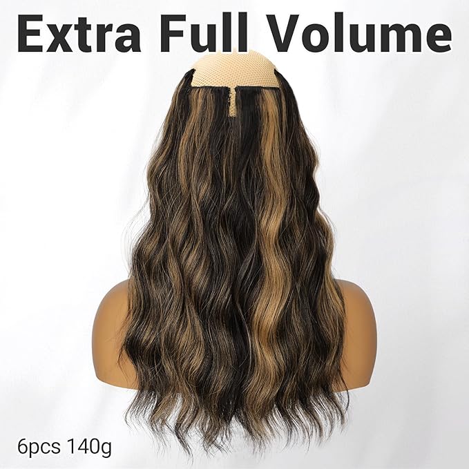 KooKaStyle Short Hair Extensions 6PCS 14 Inch Wavy Curly Hairpieces Synthetic Soft Lace Weft Clip in Hair Extensions-Balayage Dark Brown to Chestnut for Women