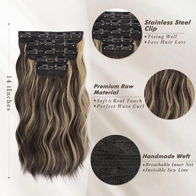 BARSDAR Short Wavy Clip in Hair Extensions - 14'' Highlight Hair Extensions Clip in for Women - 5PCs Thick Soft Synthetic Loose Wavy Clip in Hairpieces – Chocolate Brown with Highlights