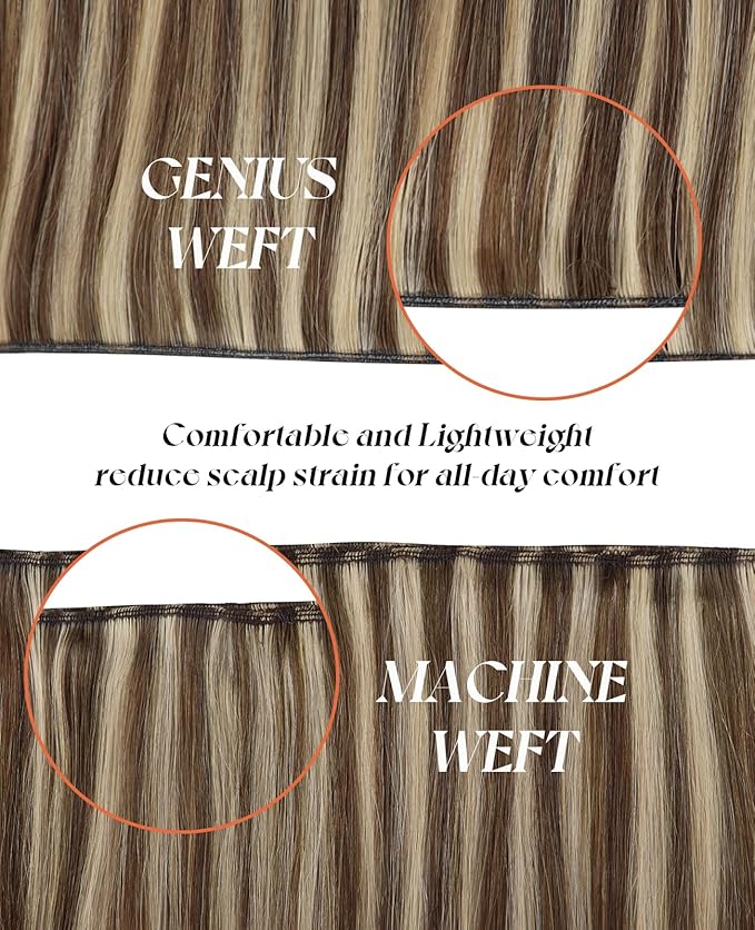 Sunny Hair Genius Weft Hair Extensions Human Hair Highlights Sew in Hair Extensions Real Human Hair Dark Brown Mix Caramel Blonde Genius Weft Human Hair Extensions Silky Soft Texture 14inch