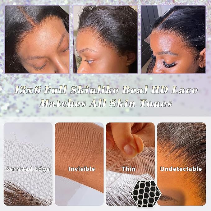 NESMON 38 inch 13x6 Full Skinlike Lace Frontal Wigs Human Hair Straight HD Lace Front Wigs Human Hair Pre Plucked Bleached Knots 0.10mm Ultra-thin Invisible Lace Wig Brazilian Wigs for Women
