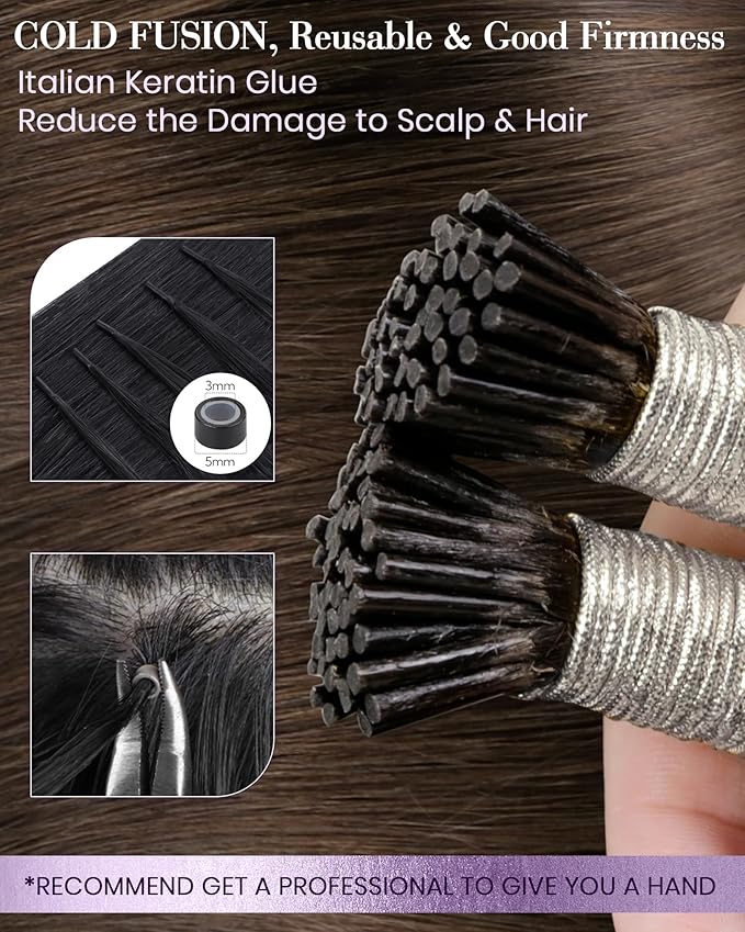 LaaVoo I Tip Human Hair Extensions Medium Brown I Tip Hair Extensions Human Hair Brown Hair I Tips Hair Extensions Real Human Hair Cold Fusion 20inch 100g 100s