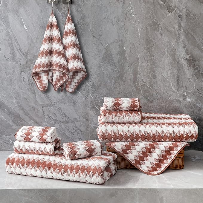 8 Piece Bathroom Towel Set|2 Oversized Large Bath Towels Sheet,2 Hand Towels,4 Washcloths| 600GSM Soft Microfiber Towel Set for Bathroom Hotel,Highly Absorbent Quick Dry Bath Towel Collections,Brown