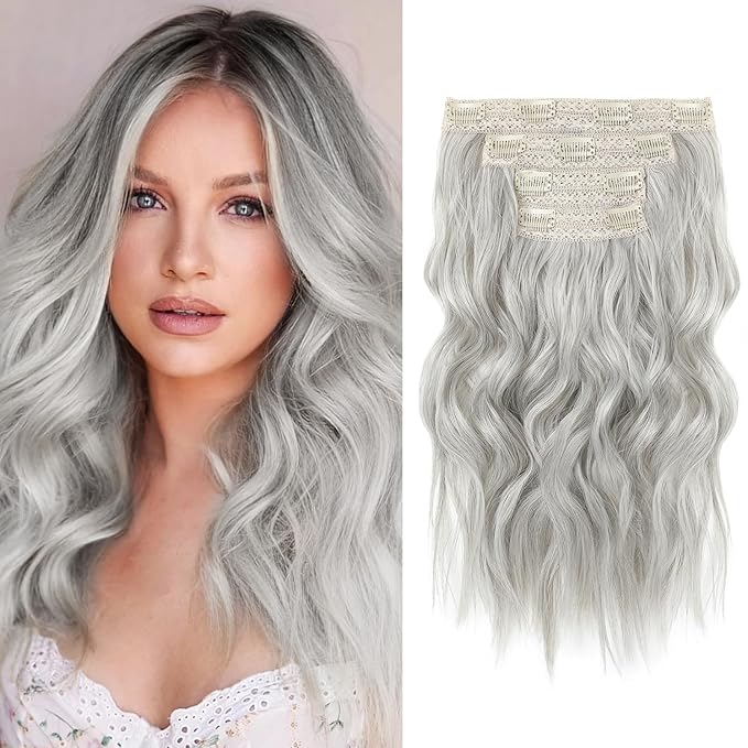 Hair Extensions, 14" Short Clip in Hair Extensions 4PCS Beach Wave Blonde Natural Soft Synthetic Hairpiece for Women - Silver Grey